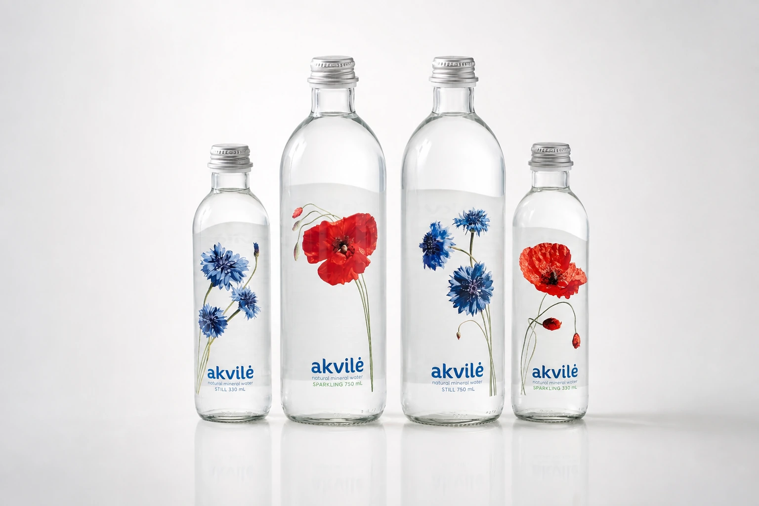 The complete akvilė collection: still 330 mL and 750 mL with blue cornflower artwork, sparkling 750 mL and 330 mL with red poppy artwork