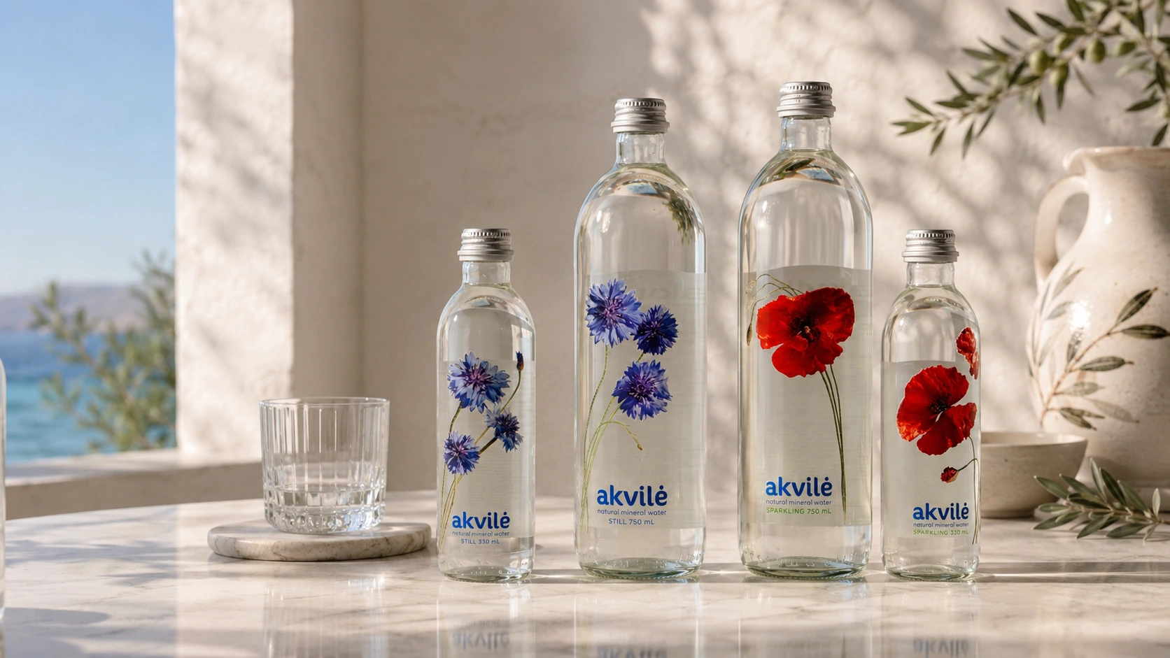 The complete akvilė collection of four glass bottles on a marble table in Mediterranean light: still 330 mL and 750 mL with blue cornflower artwork, sparkling 750 mL and 330 mL with red poppy artwork