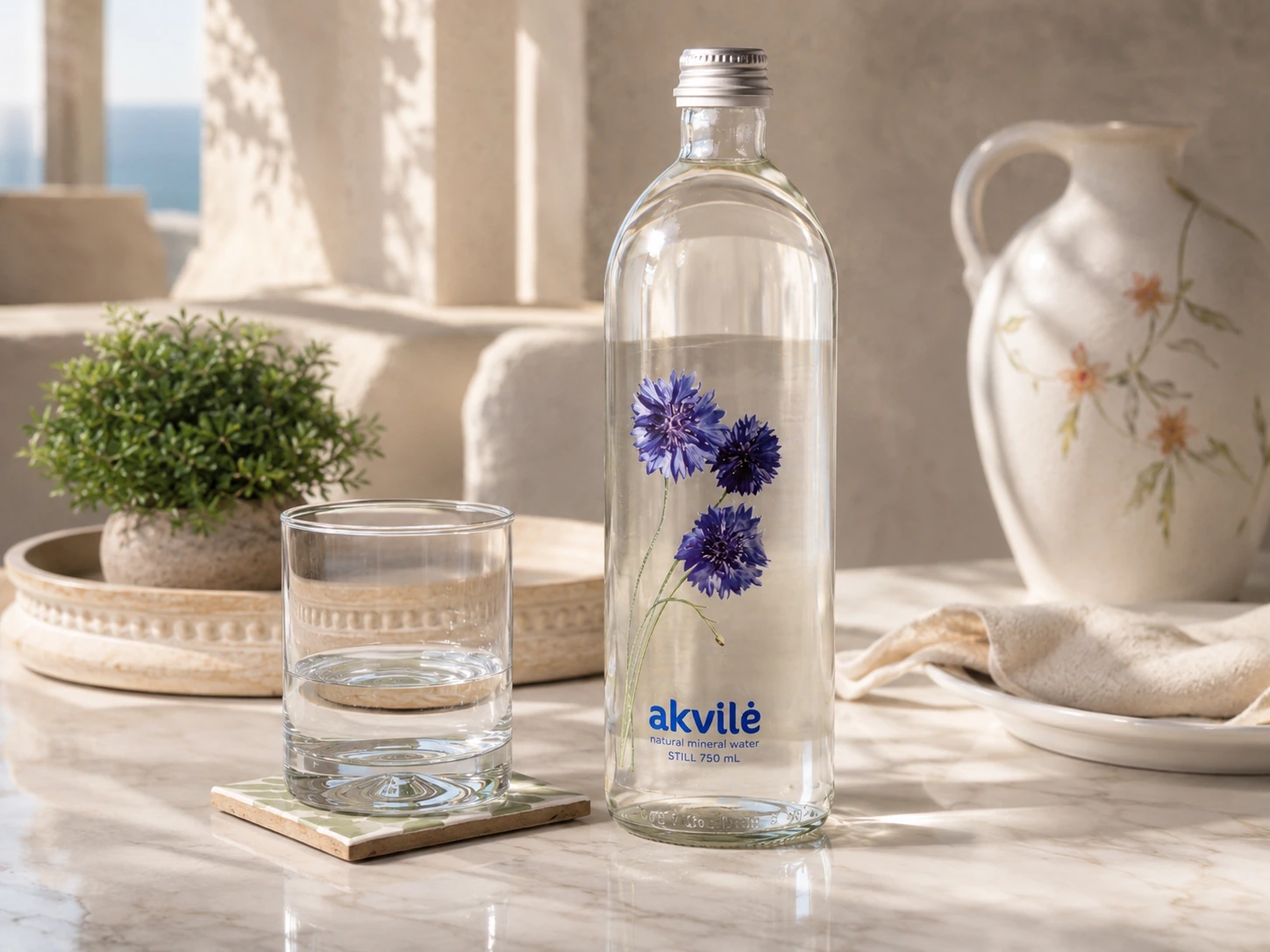 akvilė still natural mineral water 750 mL glass bottle with blue cornflower artwork on a marble table beside a glass of water, in Mediterranean sunlight