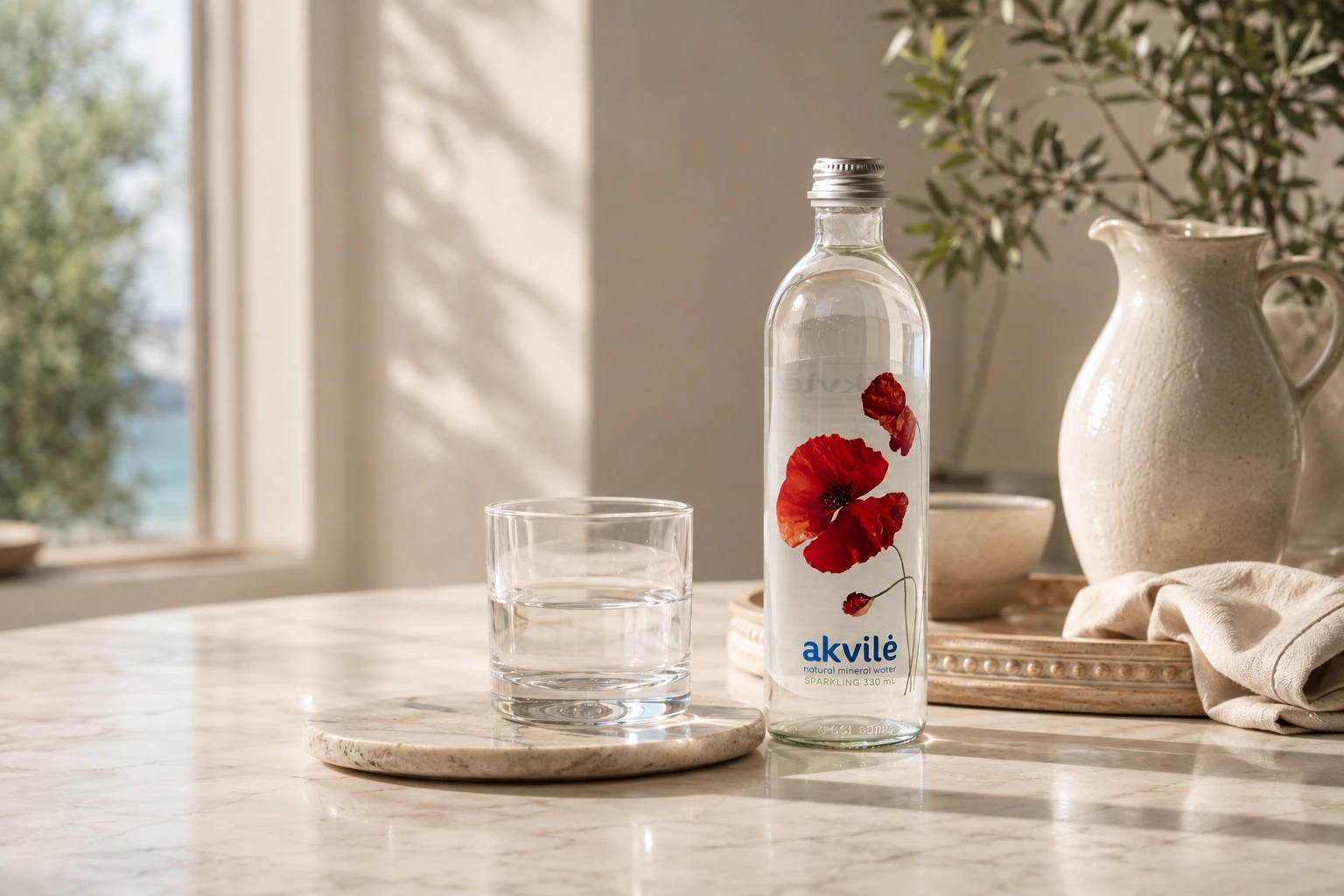 akvilė sparkling 330 mL bottle with red poppy artwork on a marble tabletop beside a glass of water, with ceramic pitcher, olive branches and linen in Mediterranean light