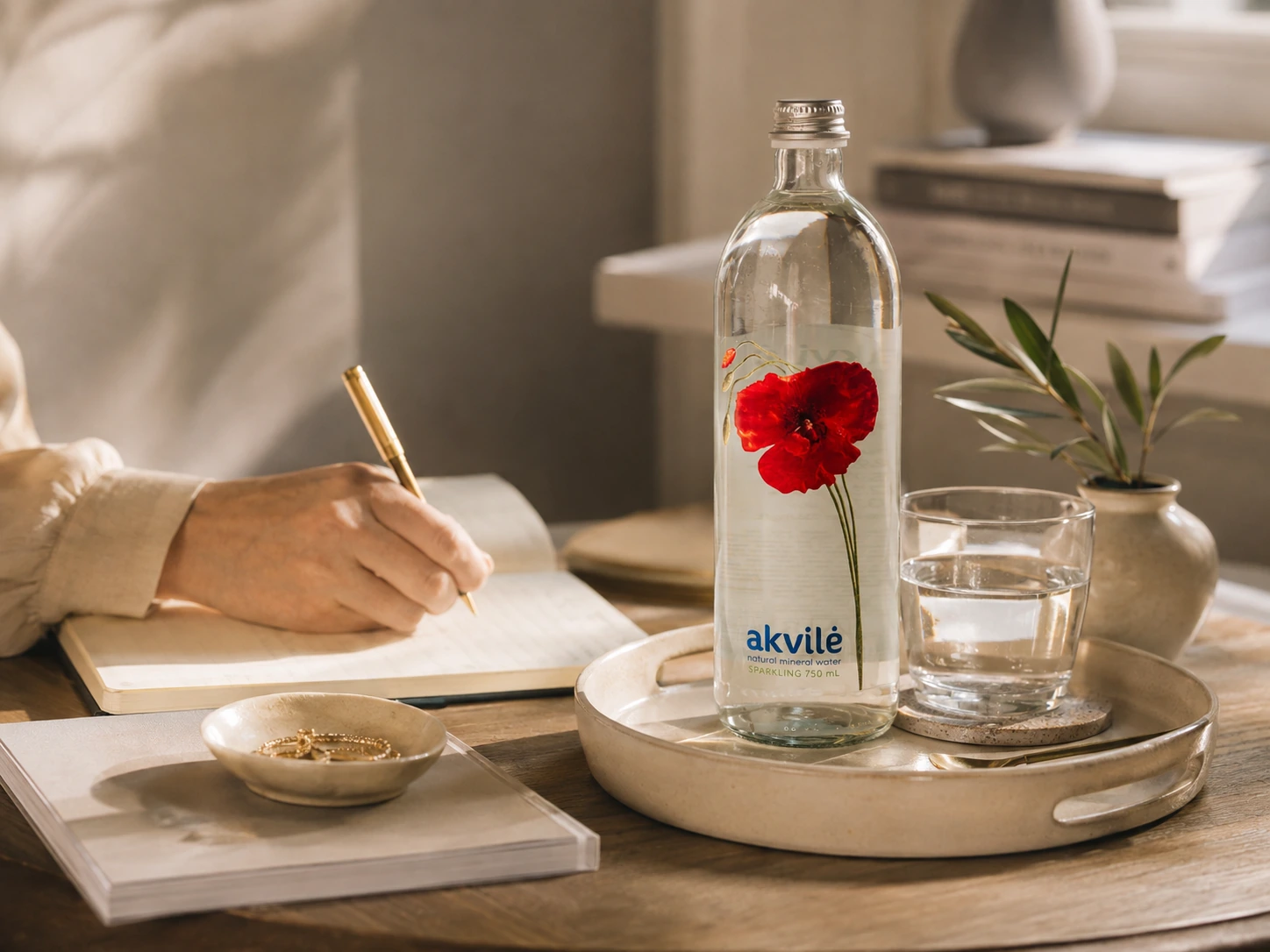 akvilė sparkling 750 mL bottle with red poppy artwork on a tray beside a glass, as someone writes in a notebook