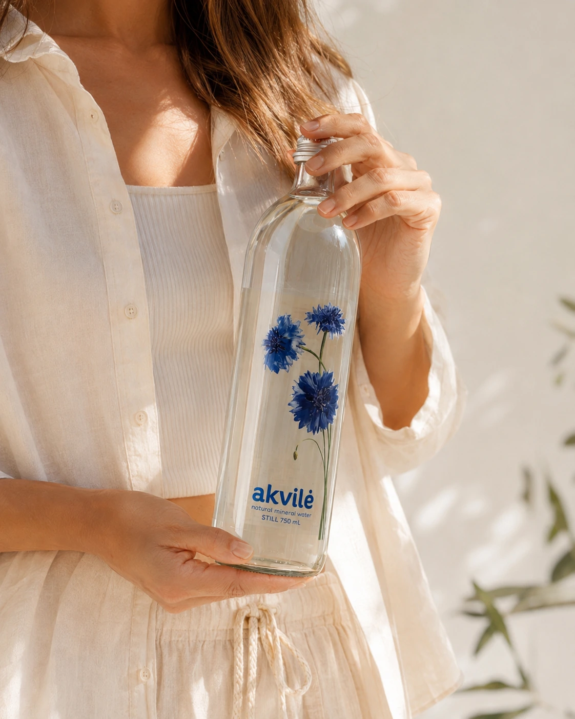 A woman in linen holding an akvilė still 750 mL glass bottle with blue cornflower artwork in soft daylight