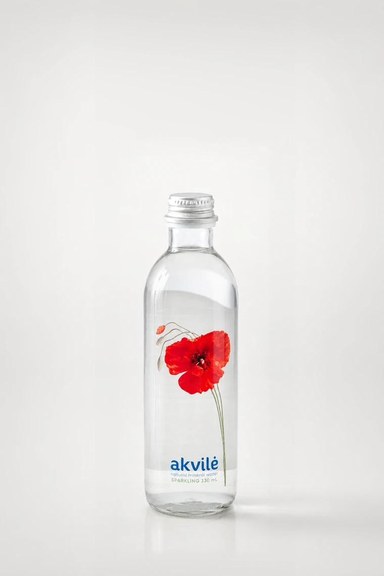 akvilė sparkling natural mineral water 330 mL glass bottle with red poppy artwork