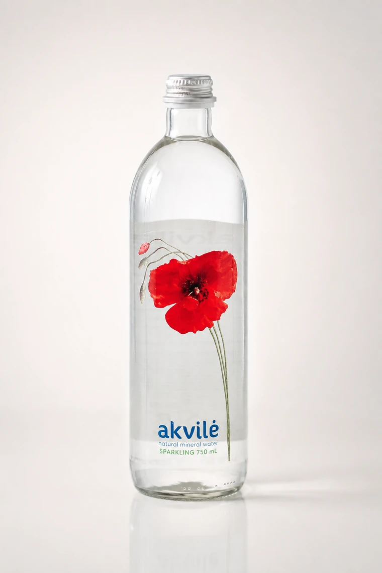 akvilė sparkling natural mineral water 750 mL glass bottle with red poppy artwork