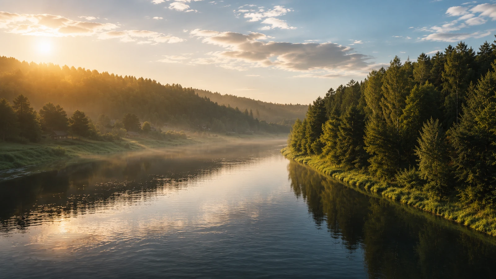 Morning light over a forested river valley in the Dzūkija National Park, Lithuania