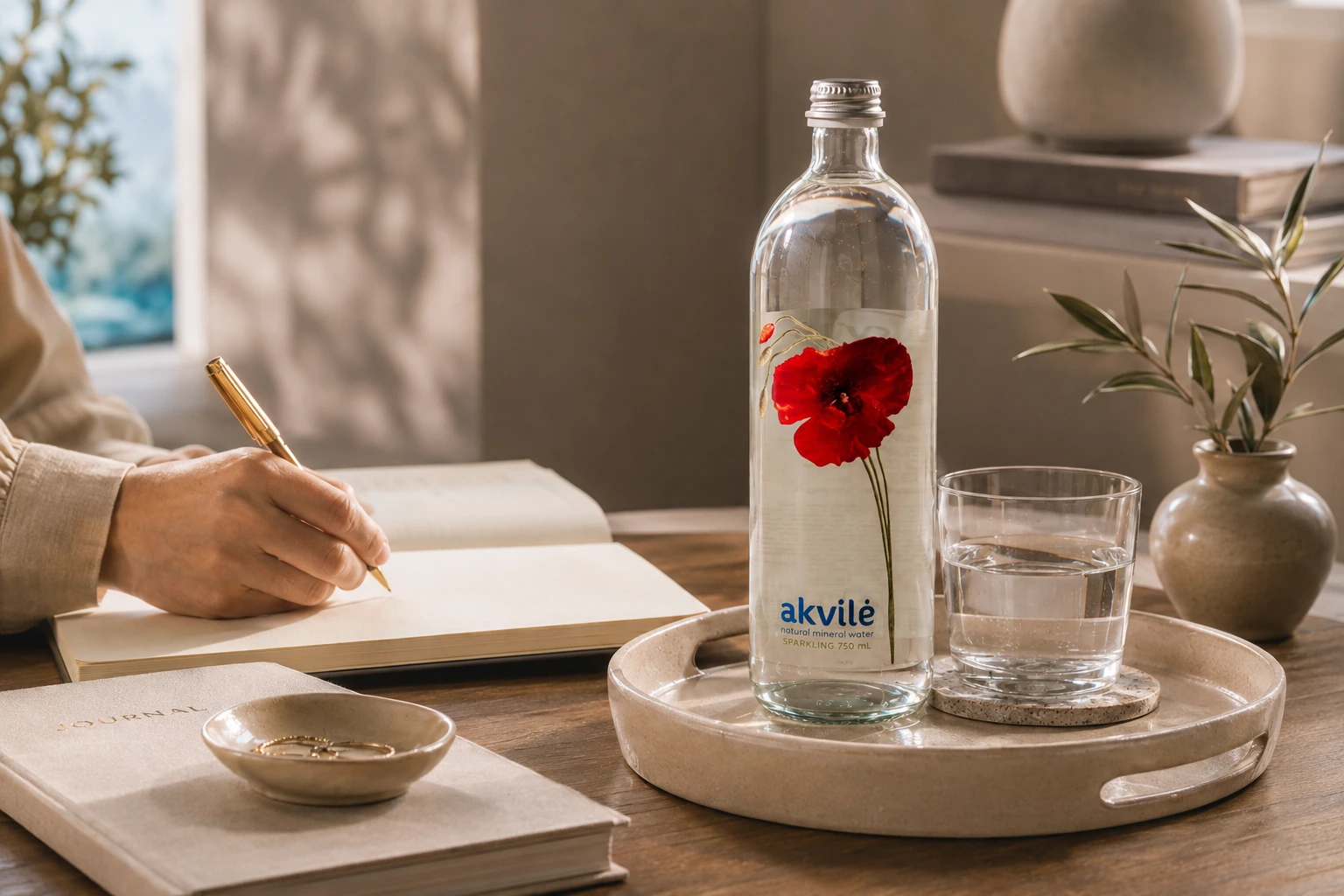 akvilė sparkling 750 mL bottle with red poppy artwork on a tray beside a filled glass, as someone writes in a journal