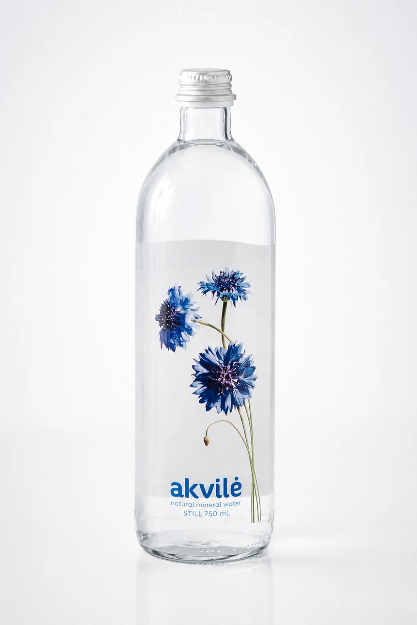 akvilė still 750 mL bottle with blue cornflower artwork